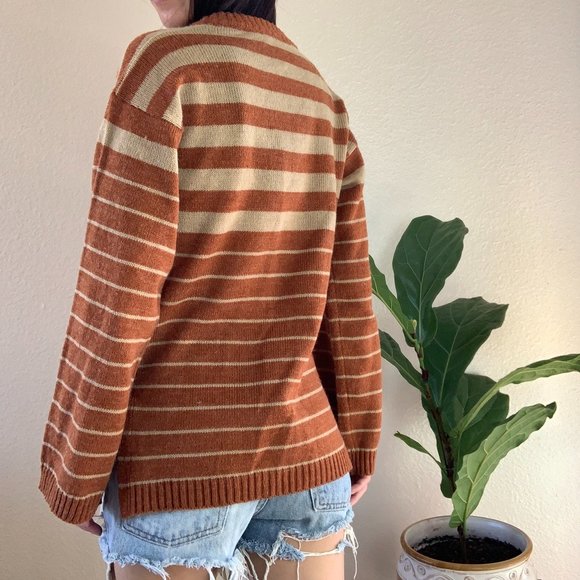 Vintage Brown Stripe Henley Knit Sweater - Picture 4 of 5